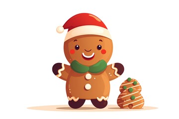 Cute gingerbread man in santa hat and scarf, vector illustration