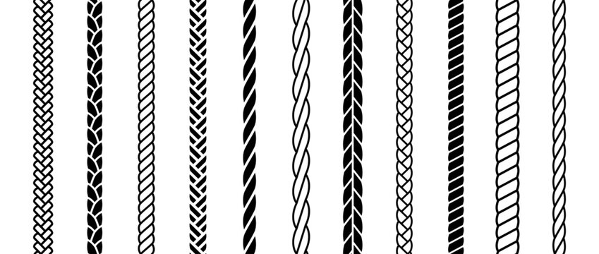 Repeating rope set. Seamless hemp cord line collection. Black chain, braid, plait stripe bundle. Vertical decorative plait pattern pack. Vector marine twine design elements for banner, poster, frame