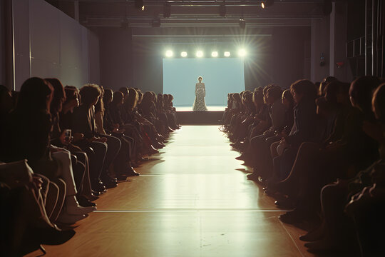 runway catwalk in the middle of the audience people. spotlight illuminated middle. empty runway.