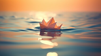 Origami paper boat on water with dramatic sunset. generative AI