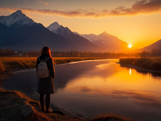silhouette behind a woman, standing and watching the beautiful sunset, along the mountains along the riverbank.