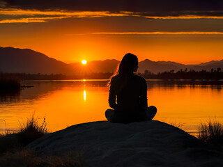 Silhouette behind a woman, sitting and watching the beautiful sunset, along the mountains along the river bank.