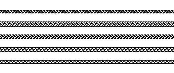Set of repeating ropes. Seamless hemp cord line collection. Black outline chain, braid, plait stripe bundle. Horizontal decorative plait pattern. Vector twine design elements for banner, poster, frame - obrazy, fototapety, plakaty