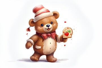 Fototapeta premium Cute teddy bear in santa hat holding slice of bread and heart. Vector illustration.