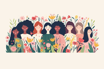 happy international women's day, women gather to support each other. flat design style vector illustration