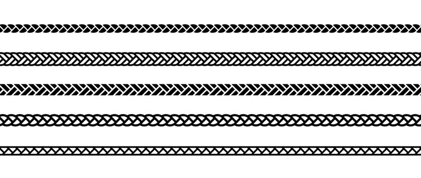 Set of repeating ropes. Seamless hemp cord line collection. Black outline chain, braid, plait stripe bundle. Horizontal decorative plait pattern. Vector twine design elements for banner, poster, frame