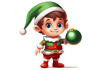 Vector illustration of Cute cartoon christmas elf holding green christmas ball