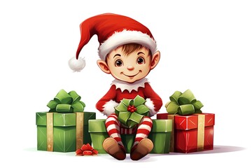 Cute little boy in Santa Claus costume sitting on pile of gifts. Vector cartoon illustration.