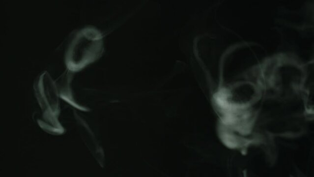 Smoke rings on black background. Smoking, steam clouds of vapour close-up. Burning, fog