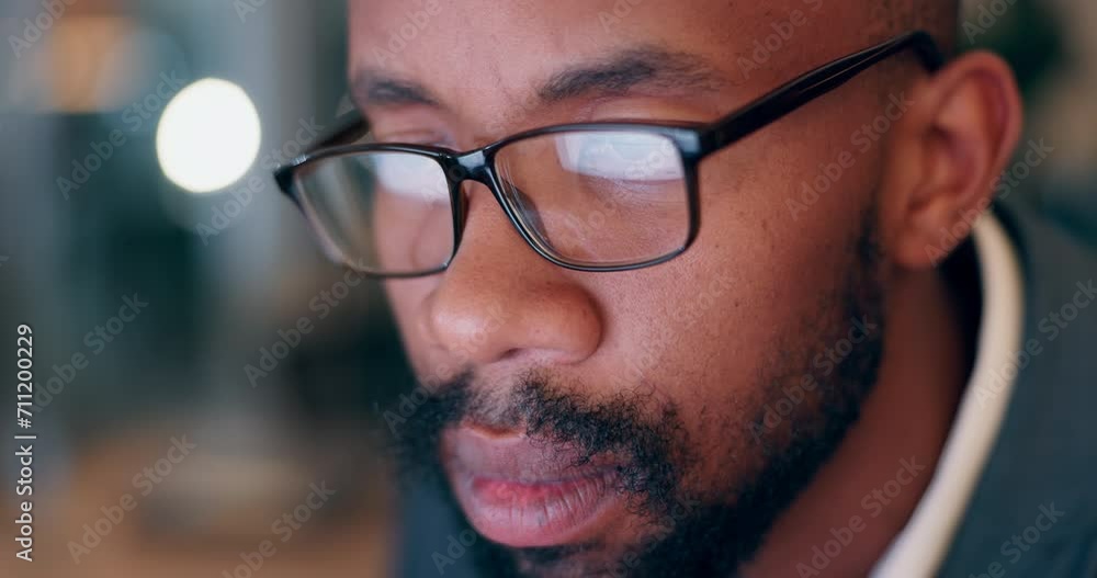 Wall mural Business man, reading with glasses and night research on computer for online project, article review or editing report. African editor or writer with screen reflection for analysis or news on website