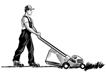 Man mowing a lawn. Retro styled hand-drawn black and white illustration
