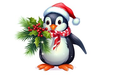 Cute penguin in Santa Claus hat with holly berry. Vector illustration.