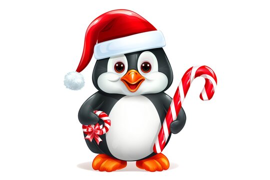 Cute cartoon penguin in Santa Claus hat with candy cane. Vector illustration.