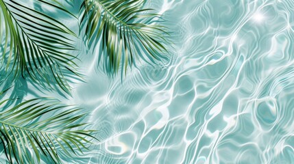 Spa concept with a palm leaf in wavy water. Abstract, transparent tropical water texture surface with palm leaves. top view, beauty backdrop, mockup, spa and wellness, copy space - obrazy, fototapety, plakaty