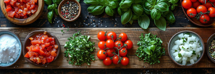 Panoramic banner with fresh vegetables on table. Healthy vegetarian cooking concept with tomatoes, herbs and seasonings. Top view of Indoor Kitchen; cropped scene for advertising and website header