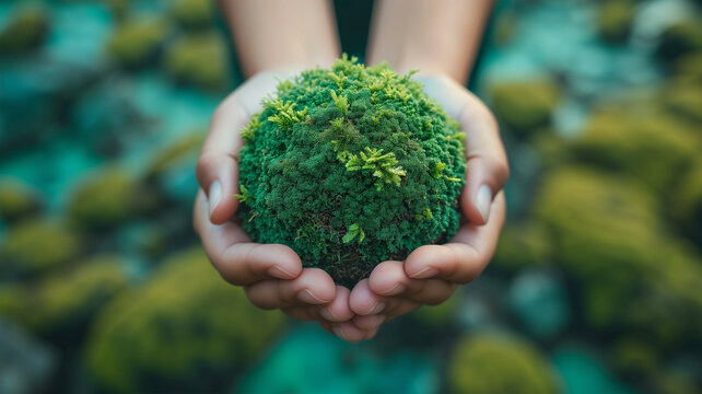 Two hands hold a ball of green moss as a symbol of ecology and respect for the environment. Horizontal poster on nature; poster on sustainable agriculture and conservation. care for the earth life
