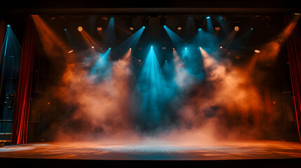 Stage light background with blue and yellow spotlight illuminated the stage with smoke. Empty stage for show with backdrop decoration.