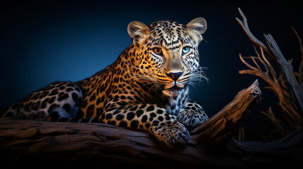 african leopard panthera pardus illuminated by light, female, resting on a dead tree - obrazy, fototapety, plakaty