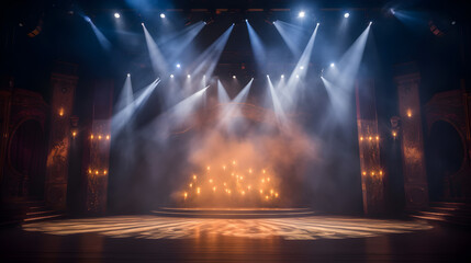 Stage light background with white and yellow spotlight illuminated the stage with smoke. Empty stage for show with backdrop decoration.