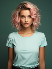 Fototapeta premium young woman wearing blank green light t-shirt, on urban background. Clothing with copy space for logo, inscription and advertising designs. Mockup of tee shirt on front. Wearing template