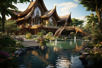 Thai architecture style resort, Asian architecture style luxury hotel with swimming pool, luxury...