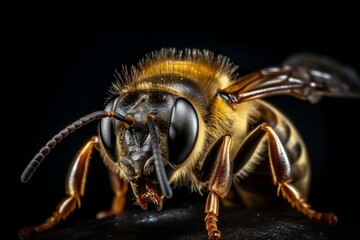 Close-up of a bee with a dark background. Generative AI