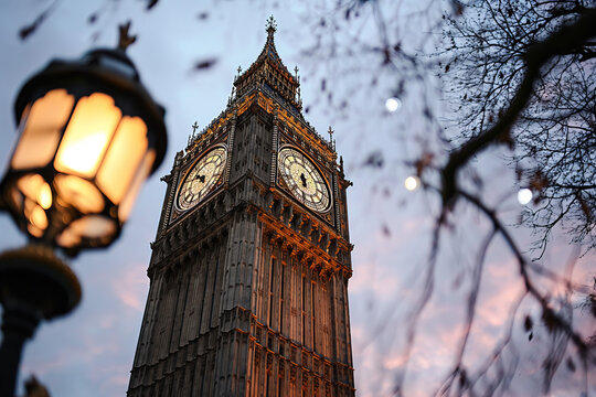 London UK view of Big Ben clock on a beautiful clear day 
