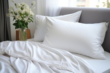 White non-patterned pillows and bedding, bedding advertising, home textile promotion advertising, bed with pillows, hotel bed