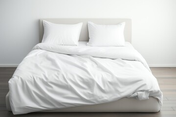 Fototapeta na wymiar White non-patterned pillows and bedding, bedding advertising, home textile promotion advertising,