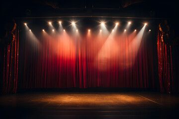 Stage light background with yellow spotlight illuminated the stage. Empty stage for show with red backdrop decoration.
