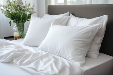 Fototapeta na wymiar White non-patterned pillows and bedding, bedding advertising, home textile promotion advertising, bed with pillows, hotel bed
