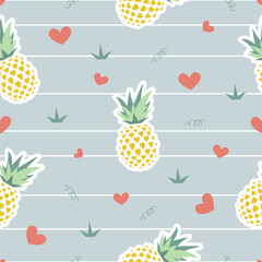 Fresh fruits design pineapple on a pastel grey blue stripes seamless pattern background. Design sweet food for wrapping paper, fabric, textile, print, wallpaper and kids apparel