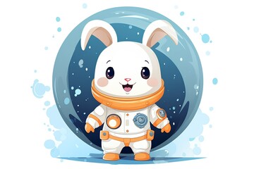 Cute cartoon rabbit astronaut in space. Vector illustration isolated on white background.