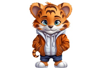 Vector illustration of Cute tiger cartoon character in winter jacket and shorts