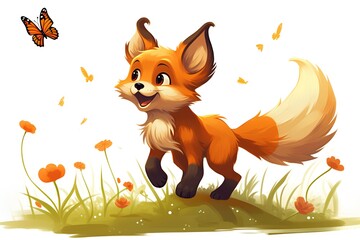 Cute little fox standing in the grass with flowers. Vector illustration