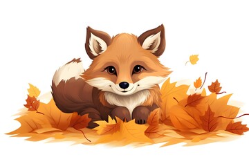 Cute fox in autumn leaves isolated on white background. Vector illustration.
