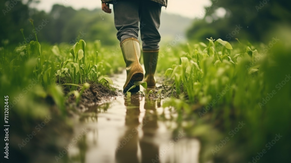 Wall mural A farmer wearing a bucket hat and rubber boots walking through a field of tall green algae plants, harvesting for food and biofuel production. - Wall murals