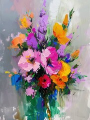 Colorful contemporary floral flowers bouquet brushstroke oil painting for wall art and wallpaper