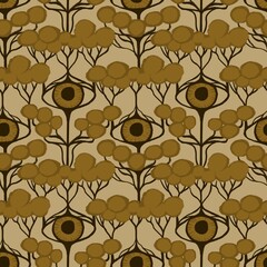Hand drawn seamless pattern with surreal surrealism trees eyes. Art deco art nouveau elegant beige brown forest print, abstract elegant decorative background, branches golden 20s 30s art.