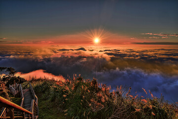 Fascinating sea of clouds and mountain scenery at sunset ,scenic dreamy cloudscape,golden cloud...