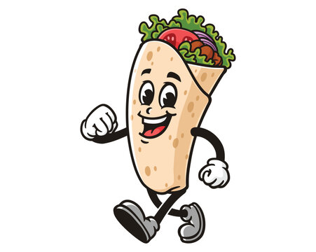 walking Burrito cartoon mascot illustration character vector clip art logo hand drawn