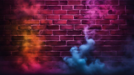 Black brick wall background with neon and glowing lights, Brick wall background neon colors grunge texture or pattern for design backdrop, Old brick wall background fluorescent colors grunge