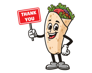 Burrito with thank you sign board cartoon mascot illustration character vector clip art logo hand drawn