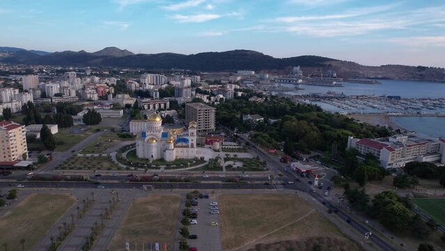 Bar, Montenegro, Drone Shot of Cityscape, Harbor, Marina, Orthodox Church and Buildings