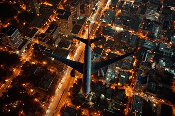 Airplane flying above Manhattan New York City skyline skyscrapers aerial top down view