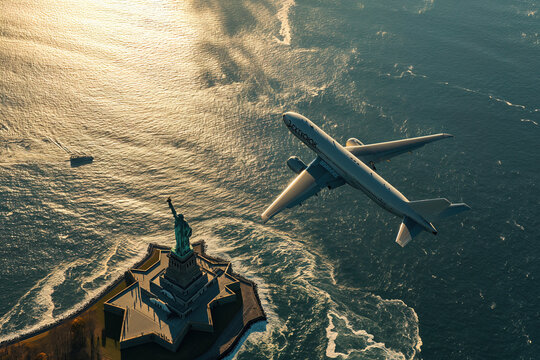 Airplane above the Liberty Statue in USA, New Yourk City, travel, relocation