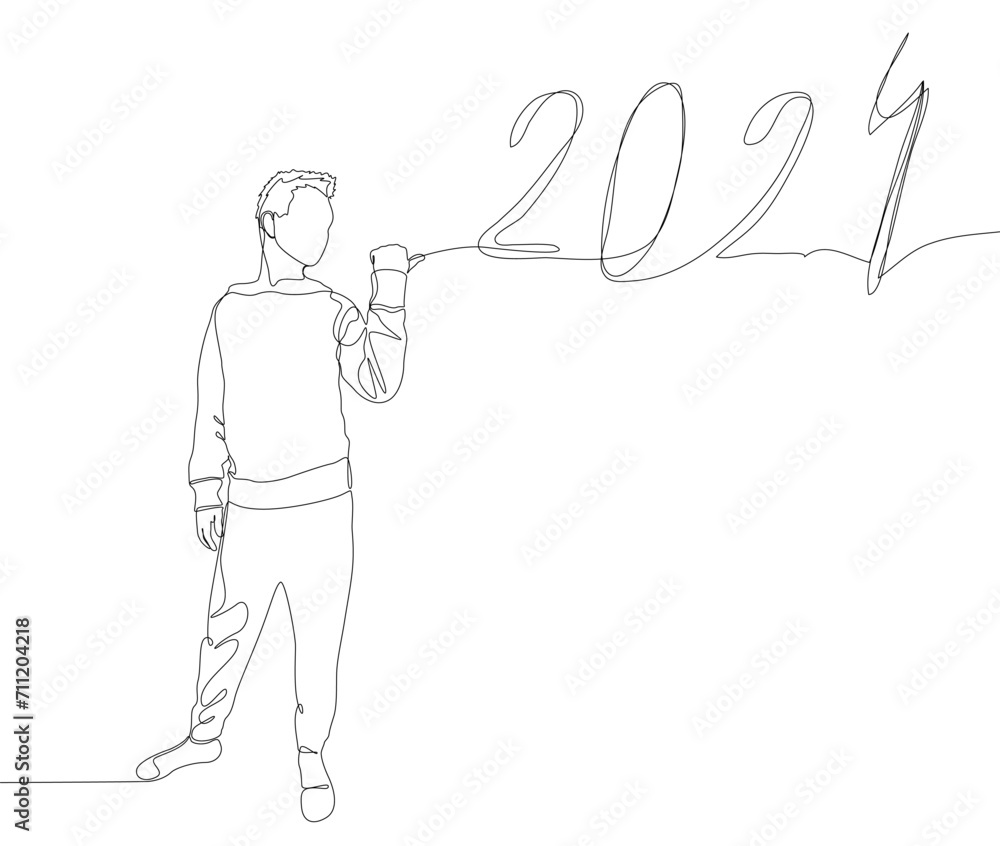 Poster one continuous line of man pointing with finger at number 2024. thin line illustration vector concep