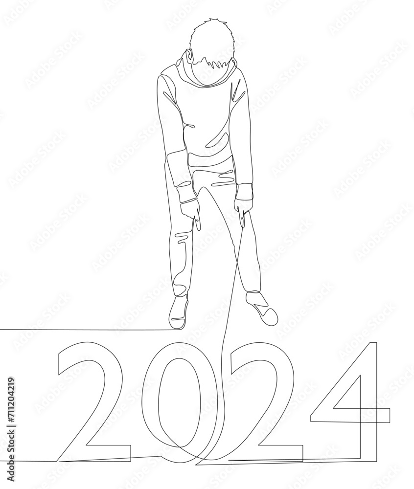 Poster one continuous line of man pointing with finger at number 2024. thin line illustration vector concep
