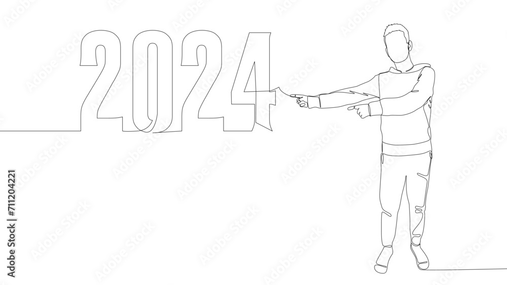 Poster one continuous line of man pointing with finger at number 2024. thin line illustration vector concep