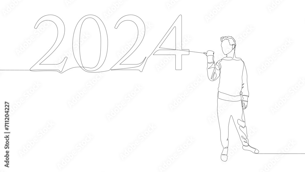 Poster one continuous line of man pointing with finger at number 2024. thin line illustration vector concep